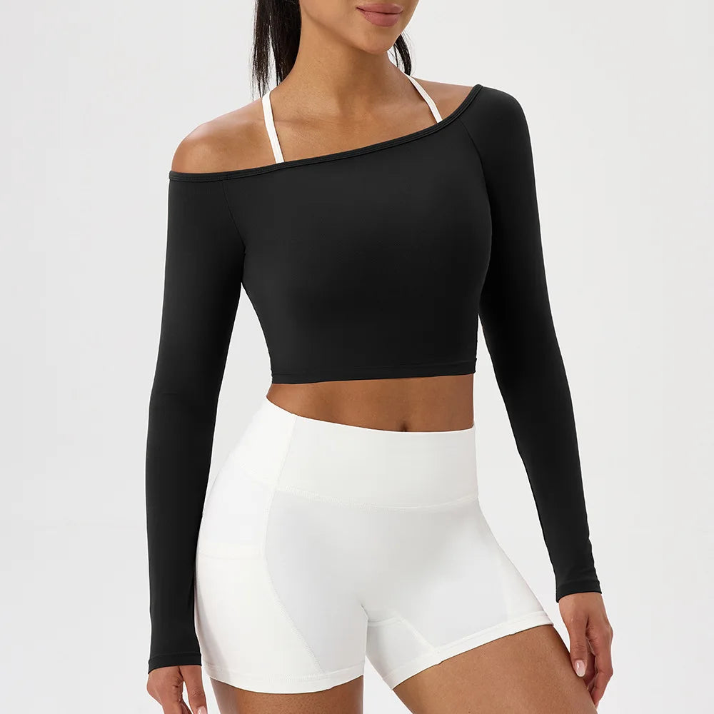 Yoga long-sleeved T-shirt women's one-shoulder